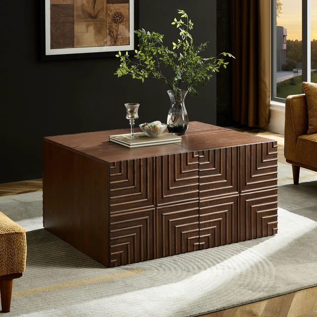 Alt view image 3 of 7 - 20.47'' Wooden Side Cabinet with Geometric Embossed Relief Nightstand with 2 Drawers, Suitable for Bedrooms and Living Rooms,No Need Assembly. BROWN