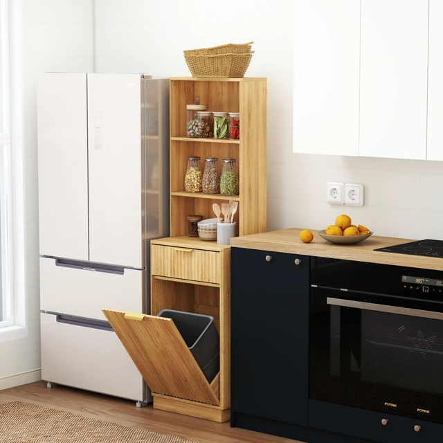 Alt view image 2 of 7 - Tall Narrow Fluted Storage Cabinet with 10-Gallon Hidden Trash Bin Compartment, Freestanding Cabinet, Fixed Open Shelves & Drawer, AntiTip for Kitchen HomeOffice Living Room (Trash Can NOT Included)