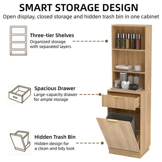 Alt view image 7 of 7 - Tall Narrow Fluted Storage Cabinet with 10-Gallon Hidden Trash Bin Compartment, Freestanding Cabinet, Fixed Open Shelves & Drawer, AntiTip for Kitchen HomeOffice Living Room (Trash Can NOT Included)