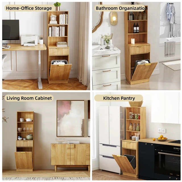 Alt view image 6 of 7 - Tall Narrow Fluted Storage Cabinet with 10-Gallon Hidden Trash Bin Compartment, Freestanding Cabinet, Fixed Open Shelves & Drawer, AntiTip for Kitchen HomeOffice Living Room (Trash Can NOT Included)