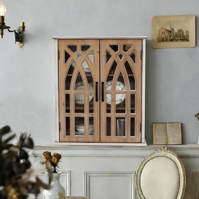 Main image of Vintage Wall-Mounted Cabinet with Decorative Cutout Doors, Rustic Wooden Hanging Storage Cabinet for Bathroom, Living Room, Bedroom, Farmhouse Style (natural wood and antique white)