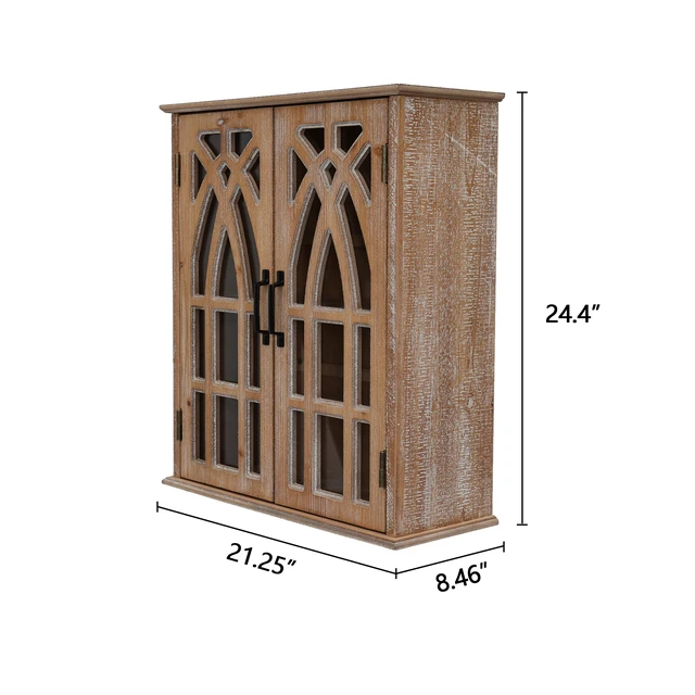 Alt view image 4 of 7 - Vintage Wall-Mounted Cabinet with Decorative Cutout Doors, Rustic Wooden Hanging Storage Cabinet for Bathroom, Living Room, Bedroom, Farmhouse Style (natural wood and antique white)