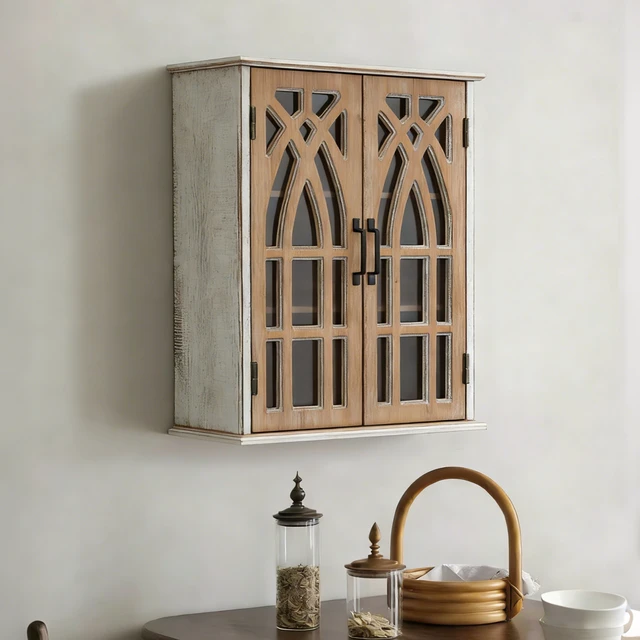 Alt view image 3 of 7 - Vintage Wall-Mounted Cabinet with Decorative Cutout Doors, Rustic Wooden Hanging Storage Cabinet for Bathroom, Living Room, Bedroom, Farmhouse Style (natural wood and antique white)