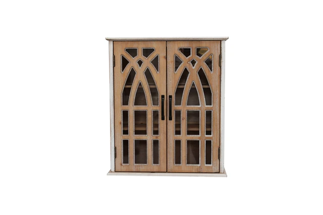 Alt view image 2 of 7 - Vintage Wall-Mounted Cabinet with Decorative Cutout Doors, Rustic Wooden Hanging Storage Cabinet for Bathroom, Living Room, Bedroom, Farmhouse Style (natural wood and antique white)