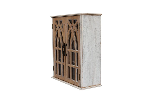 Alt view image 5 of 7 - Vintage Wall-Mounted Cabinet with Decorative Cutout Doors, Rustic Wooden Hanging Storage Cabinet for Bathroom, Living Room, Bedroom, Farmhouse Style (natural wood and antique white)