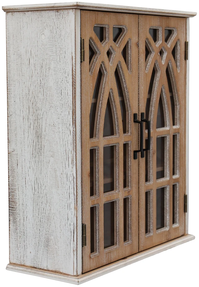 Alt view image 6 of 7 - Vintage Wall-Mounted Cabinet with Decorative Cutout Doors, Rustic Wooden Hanging Storage Cabinet for Bathroom, Living Room, Bedroom, Farmhouse Style (natural wood and antique white)