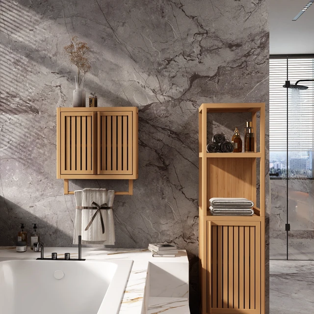 Alt view image 2 of 7 - Bathroom cabinet wall mounted Bamboo toilet storage box