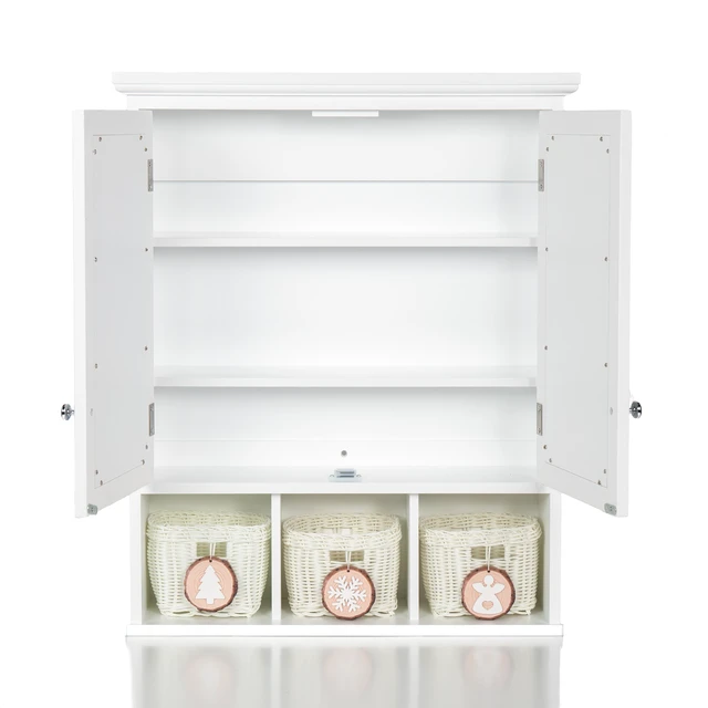 Alt view image 7 of 7 - Bathroom Storage Cabinet, Medicine Cabinets for Bathroom with Mirror, 2 Doors 2 Adjustable Shelf + 3 Christmas Style Storage Basket, White Wood Cabinet Wall Mounted for Bathroom Laundry Room Kitchen
