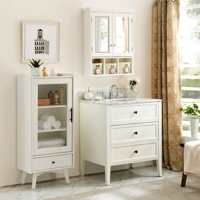 Alt view image 4 of 7 - Bathroom Storage Cabinet, Medicine Cabinets for Bathroom with Mirror, 2 Doors 2 Adjustable Shelf + 3 Christmas Style Storage Basket, White Wood Cabinet Wall Mounted for Bathroom Laundry Room Kitchen
