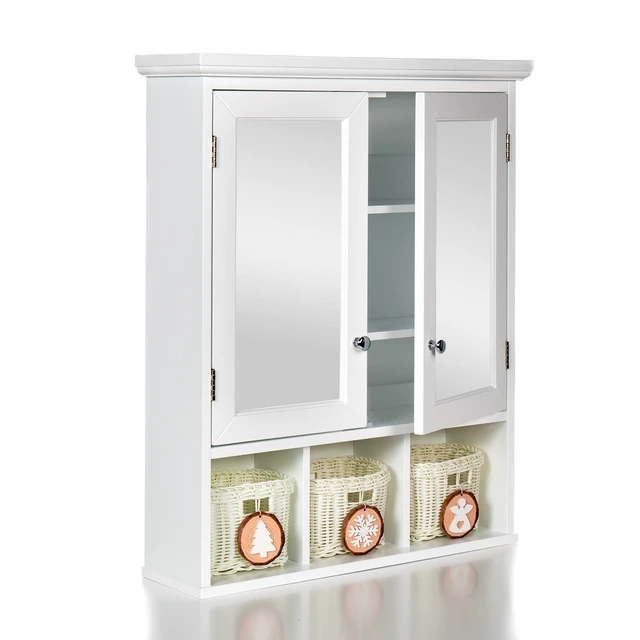 Alt view image 6 of 7 - Bathroom Storage Cabinet, Medicine Cabinets for Bathroom with Mirror, 2 Doors 2 Adjustable Shelf + 3 Christmas Style Storage Basket, White Wood Cabinet Wall Mounted for Bathroom Laundry Room Kitchen