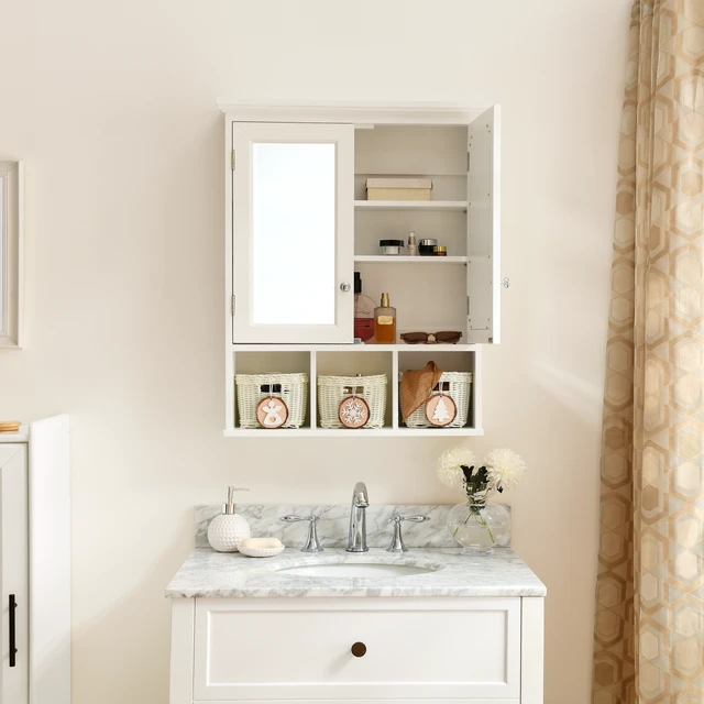 Alt view image 2 of 7 - Bathroom Storage Cabinet, Medicine Cabinets for Bathroom with Mirror, 2 Doors 2 Adjustable Shelf + 3 Christmas Style Storage Basket, White Wood Cabinet Wall Mounted for Bathroom Laundry Room Kitchen
