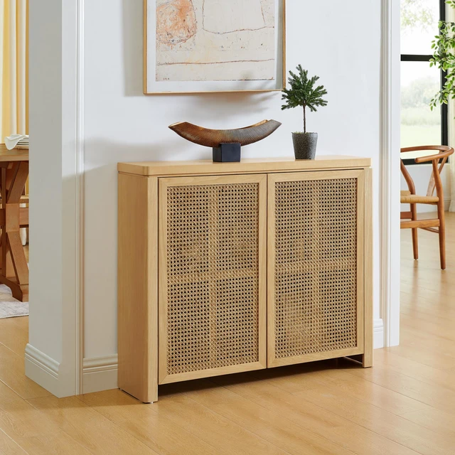 Main image of 39.4" Mid Century Modern Rattan Sideboard Buffet Cabinet with 2 Outlet Holes, Coffee Bar Wine Bar Credenza, Retro Storage Cabinet for Entryway, Hallway, Living Room, Kitchen, Dining Room, Natural