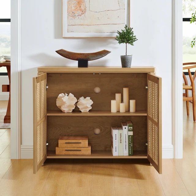 Alt view image 4 of 7 - 39.4" Mid Century Modern Rattan Sideboard Buffet Cabinet with 2 Outlet Holes, Coffee Bar Wine Bar Credenza, Retro Storage Cabinet for Entryway, Hallway, Living Room, Kitchen, Dining Room, Natural