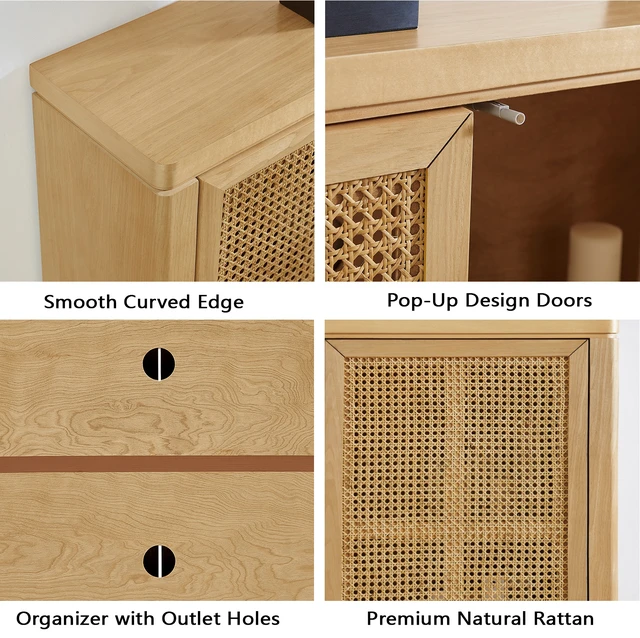 Alt view image 5 of 7 - 39.4" Mid Century Modern Rattan Sideboard Buffet Cabinet with 2 Outlet Holes, Coffee Bar Wine Bar Credenza, Retro Storage Cabinet for Entryway, Hallway, Living Room, Kitchen, Dining Room, Natural