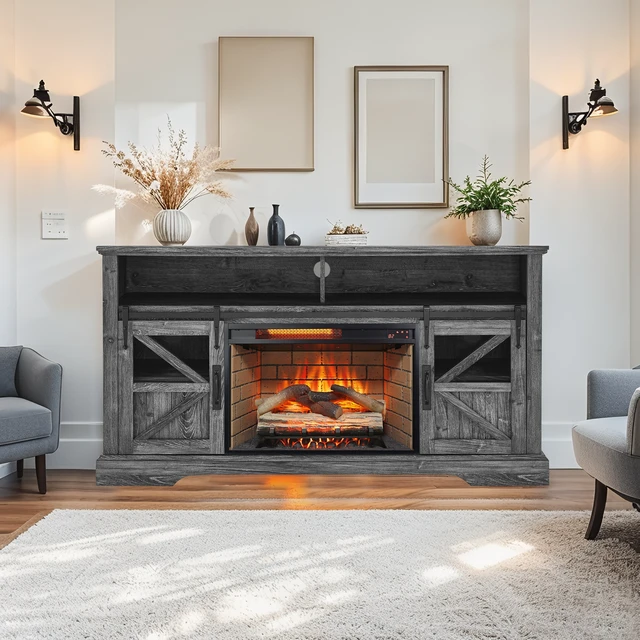 Alt view image 2 of 7 - 60 Inch Electric Fireplace Entertainment Center With Door Sensor-Dark Rustic Oak