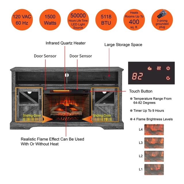 Alt view image 5 of 7 - 60 Inch Electric Fireplace Entertainment Center With Door Sensor-Dark Rustic Oak