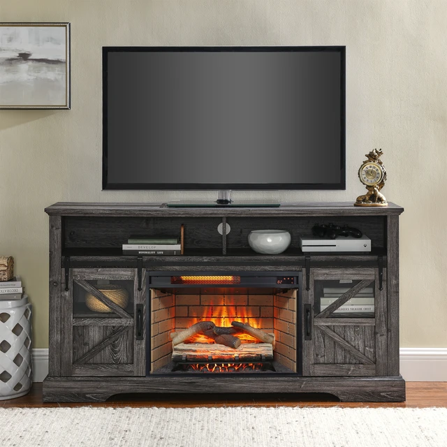 Alt view image 3 of 7 - 60 Inch Electric Fireplace Entertainment Center With Door Sensor-Dark Rustic Oak
