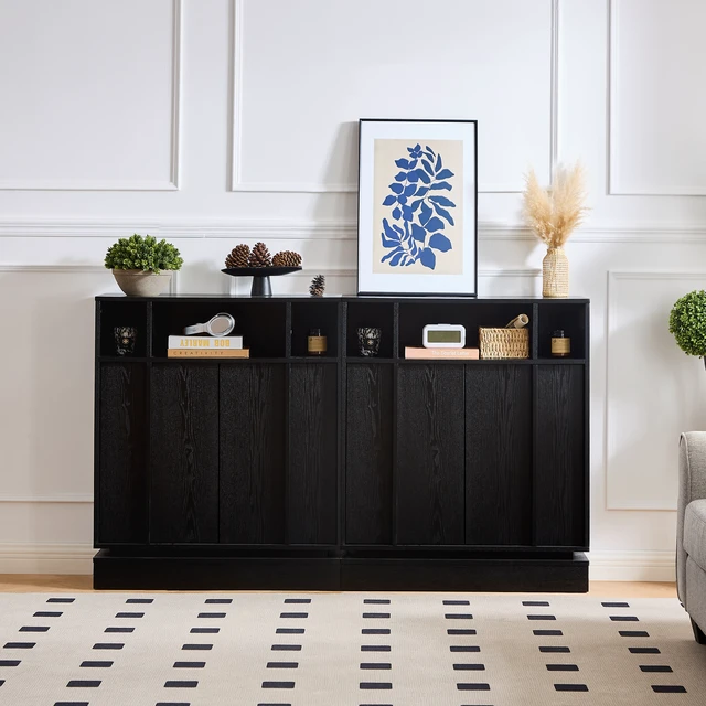 Alt view image 5 of 7 - Sideboard Buffet Cabinet with Storage, Farmhouse Fluted Sideboard with 2 Doors & Adjustable Shelf, TV Media Console, Storage Cabinet for Entryway Hallway Kitchen Dining Living Room, Black