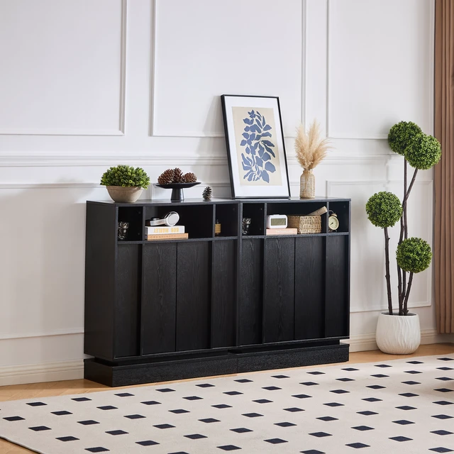 Alt view image 4 of 7 - Sideboard Buffet Cabinet with Storage, Farmhouse Fluted Sideboard with 2 Doors & Adjustable Shelf, TV Media Console, Storage Cabinet for Entryway Hallway Kitchen Dining Living Room, Black