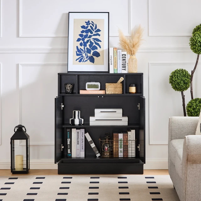 Alt view image 3 of 7 - Sideboard Buffet Cabinet with Storage, Farmhouse Fluted Sideboard with 2 Doors & Adjustable Shelf, TV Media Console, Storage Cabinet for Entryway Hallway Kitchen Dining Living Room, Black
