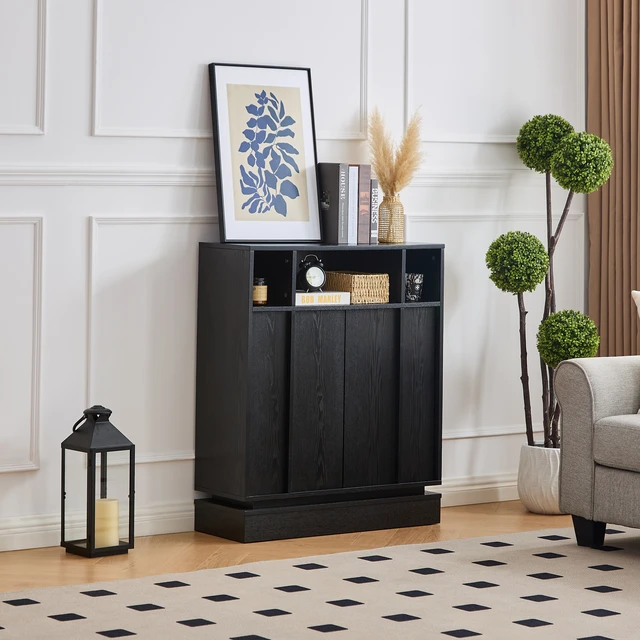 Alt view image 2 of 7 - Sideboard Buffet Cabinet with Storage, Farmhouse Fluted Sideboard with 2 Doors & Adjustable Shelf, TV Media Console, Storage Cabinet for Entryway Hallway Kitchen Dining Living Room, Black