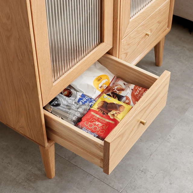 Alt view image 3 of 7 - Solid Oak Storage Cabinet for Living Room - Free-Standing Corner Cabinets Storage Table with Vintage Glass Door,2 Shelves,1 Drawers & Brass Handle for Entryway Kitchen Hallway TV Stand