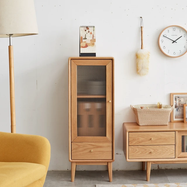 Alt view image 7 of 7 - Solid Oak Storage Cabinet for Living Room - Free-Standing Corner Cabinets Storage Table with Vintage Glass Door,2 Shelves,1 Drawers & Brass Handle for Entryway Kitchen Hallway TV Stand
