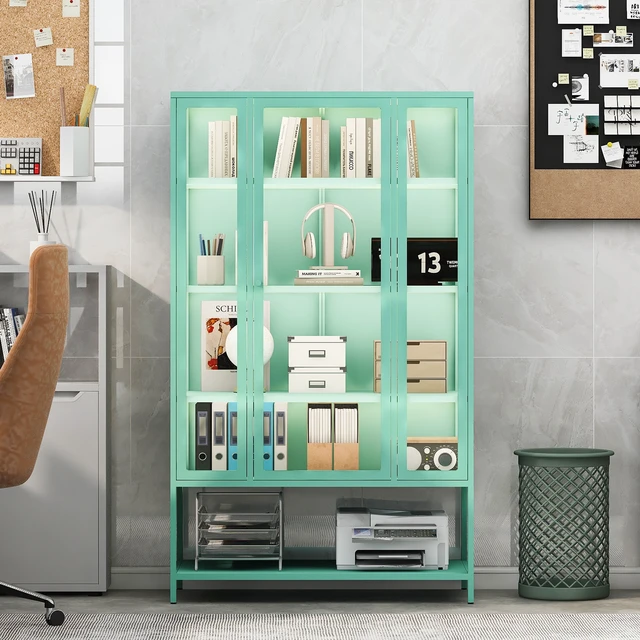 Alt view image 5 of 7 - 67.25'' Tall Iron Display Cabinet with Glass Door and LED Lights Steel Curio Cabinet for Collectibles Figures Trophies 3-Sided Glass Display Case for Home Office Study Room Stores Playroom - Cyan