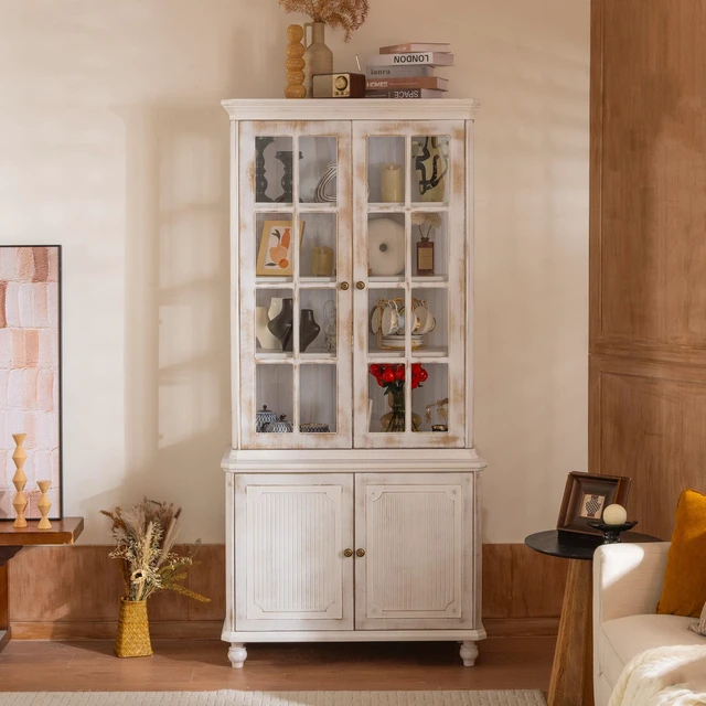 Alt view image 4 of 7 - 77.5''H Vintage Storage Display Cabinet, Farmhouse Style Pantry, with Glass Doors, Hutch Cabinet 3-Sided Glass, Curio Cabinet with Ash Wood Grain, for Hallways, Livingroom Kitchen & Office - Whitewash
