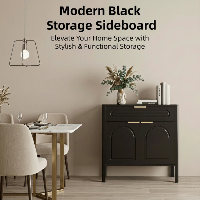Alt view image 7 of 7 - Modern Black Arched Accent Storage Cabinet, Freestanding Sideboard Buffet with Drawer & Curved Gold Metal Handles, Smooth Rounded Edge Console Cabinet for Entryway, Living Room, Kitchen & Dining Room