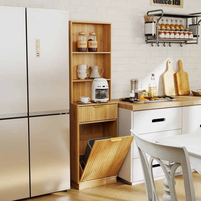 Alt view image 3 of 7 - Tall Narrow Fluted Storage Cabinet with 10-Gallon Hidden Trash Bin Compartment, Freestanding Cabinet, Fixed Open Shelves & Drawer, AntiTip for Kitchen HomeOffice Living Room (Trash Can NOT Included)