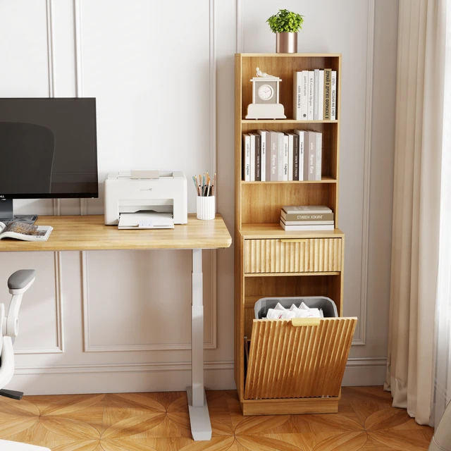 Alt view image 4 of 7 - Tall Narrow Fluted Storage Cabinet with 10-Gallon Hidden Trash Bin Compartment, Freestanding Cabinet, Fixed Open Shelves & Drawer, AntiTip for Kitchen HomeOffice Living Room (Trash Can NOT Included)