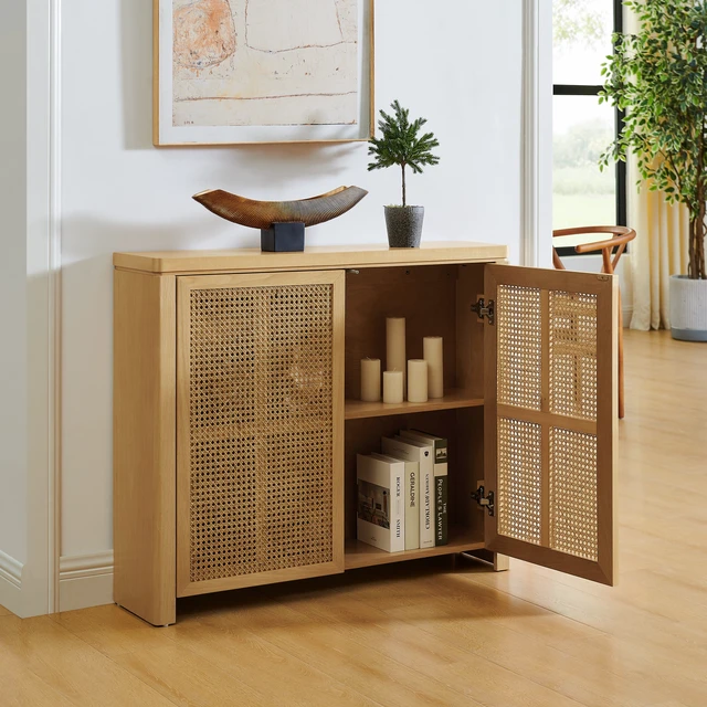 Alt view image 3 of 7 - 39.4" Mid Century Modern Rattan Sideboard Buffet Cabinet with 2 Outlet Holes, Coffee Bar Wine Bar Credenza, Retro Storage Cabinet for Entryway, Hallway, Living Room, Kitchen, Dining Room, Natural