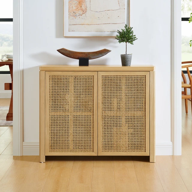 Alt view image 2 of 7 - 39.4" Mid Century Modern Rattan Sideboard Buffet Cabinet with 2 Outlet Holes, Coffee Bar Wine Bar Credenza, Retro Storage Cabinet for Entryway, Hallway, Living Room, Kitchen, Dining Room, Natural