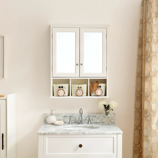 Main image of Bathroom Storage Cabinet, Medicine Cabinets for Bathroom with Mirror, 2 Doors 2 Adjustable Shelf + 3 Christmas Style Storage Basket, White Wood Cabinet Wall Mounted for Bathroom Laundry Room Kitchen
