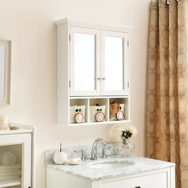 Alt view image 3 of 7 - Bathroom Storage Cabinet, Medicine Cabinets for Bathroom with Mirror, 2 Doors 2 Adjustable Shelf + 3 Christmas Style Storage Basket, White Wood Cabinet Wall Mounted for Bathroom Laundry Room Kitchen