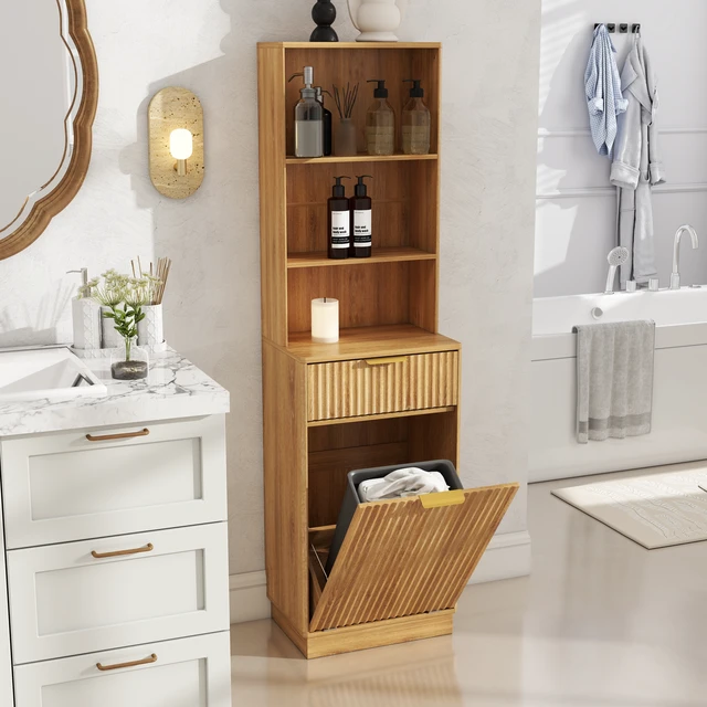 Alt view image 5 of 7 - Tall Narrow Fluted Storage Cabinet with 10-Gallon Hidden Trash Bin Compartment, Freestanding Cabinet, Fixed Open Shelves & Drawer, AntiTip for Kitchen HomeOffice Living Room (Trash Can NOT Included)