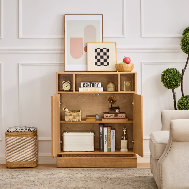 Alt view image 3 of 7 - Sideboard Buffet Cabinet with Storage, Farmhouse Fluted Sideboard with 2 Doors & Adjustable Shelf, TV Media Console, Storage Cabinet for Entryway Hallway Kitchen Dining Living Room, Natural