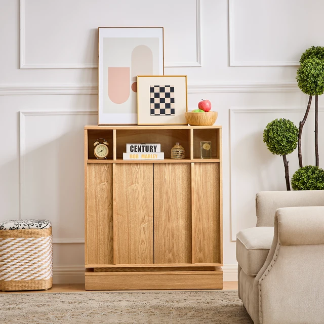 Alt view image 2 of 7 - Sideboard Buffet Cabinet with Storage, Farmhouse Fluted Sideboard with 2 Doors & Adjustable Shelf, TV Media Console, Storage Cabinet for Entryway Hallway Kitchen Dining Living Room, Natural