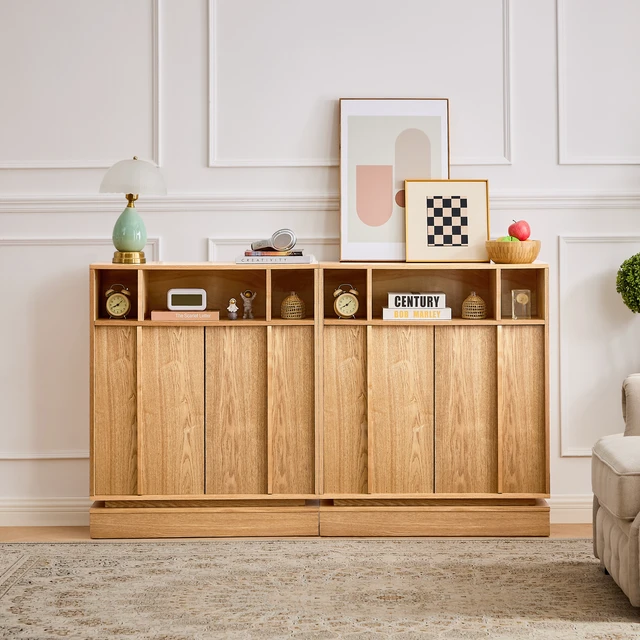 Alt view image 4 of 7 - Sideboard Buffet Cabinet with Storage, Farmhouse Fluted Sideboard with 2 Doors & Adjustable Shelf, TV Media Console, Storage Cabinet for Entryway Hallway Kitchen Dining Living Room, Natural