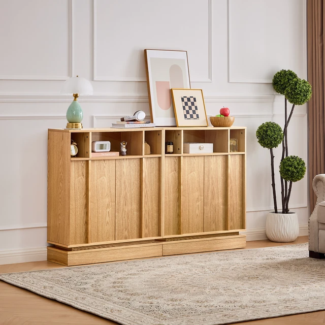 Alt view image 5 of 7 - Sideboard Buffet Cabinet with Storage, Farmhouse Fluted Sideboard with 2 Doors & Adjustable Shelf, TV Media Console, Storage Cabinet for Entryway Hallway Kitchen Dining Living Room, Natural