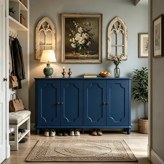 Alt view image 2 of 7 - Blue Farmhouse Sideboard Buffet Cabinet, 4 Door Vintage Storage Credenza with Decorative Curved Raised Panel Doors, Wide Closed Storage Accent Console Cabinet for Entryway, Living Room, Kitchen