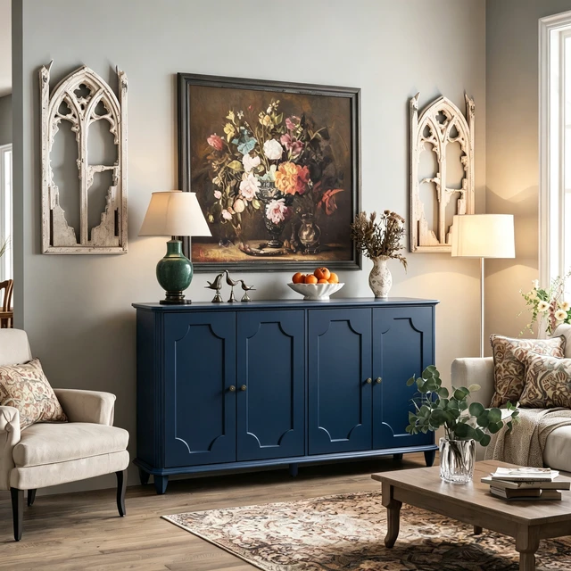 Alt view image 3 of 7 - Blue Farmhouse Sideboard Buffet Cabinet, 4 Door Vintage Storage Credenza with Decorative Curved Raised Panel Doors, Wide Closed Storage Accent Console Cabinet for Entryway, Living Room, Kitchen