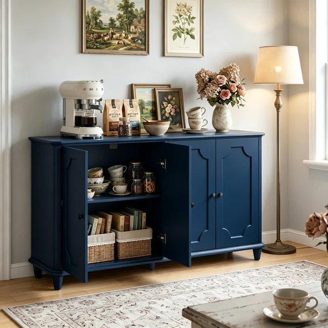 Alt view image 5 of 7 - Blue Farmhouse Sideboard Buffet Cabinet, 4 Door Vintage Storage Credenza with Decorative Curved Raised Panel Doors, Wide Closed Storage Accent Console Cabinet for Entryway, Living Room, Kitchen