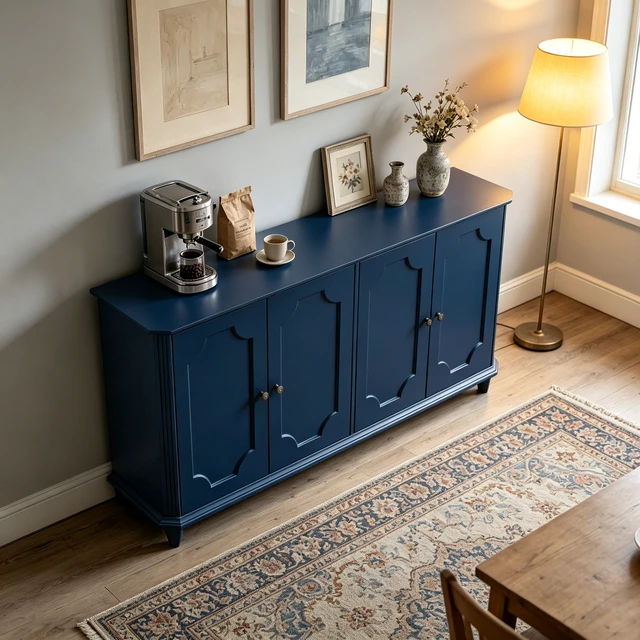 Alt view image 4 of 7 - Blue Farmhouse Sideboard Buffet Cabinet, 4 Door Vintage Storage Credenza with Decorative Curved Raised Panel Doors, Wide Closed Storage Accent Console Cabinet for Entryway, Living Room, Kitchen