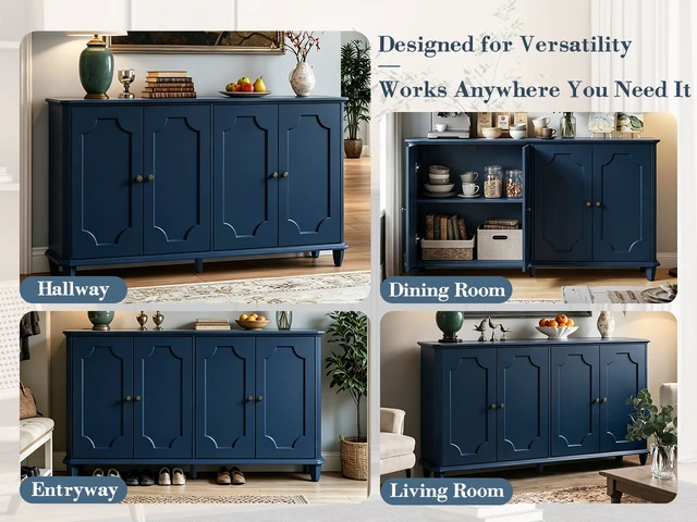 Alt view image 7 of 7 - Blue Farmhouse Sideboard Buffet Cabinet, 4 Door Vintage Storage Credenza with Decorative Curved Raised Panel Doors, Wide Closed Storage Accent Console Cabinet for Entryway, Living Room, Kitchen