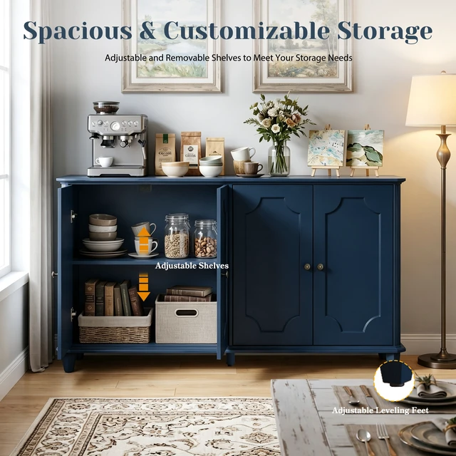 Alt view image 6 of 7 - Blue Farmhouse Sideboard Buffet Cabinet, 4 Door Vintage Storage Credenza with Decorative Curved Raised Panel Doors, Wide Closed Storage Accent Console Cabinet for Entryway, Living Room, Kitchen