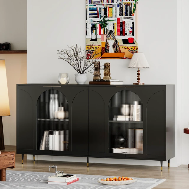 Main image of Accent Cabinet Black Lacquered Wooden Cabinet with 4 Glass Doors Sideboard Buffet Server Cabinet Storage Cabinet, for Living Room, Entryway, Hallway, Office, Kitchen and Dining Room