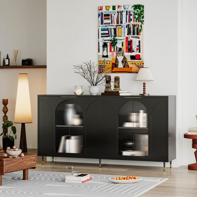 Alt view image 3 of 7 - Accent Cabinet Black Lacquered Wooden Cabinet with 4 Glass Doors Sideboard Buffet Server Cabinet Storage Cabinet, for Living Room, Entryway, Hallway, Office, Kitchen and Dining Room