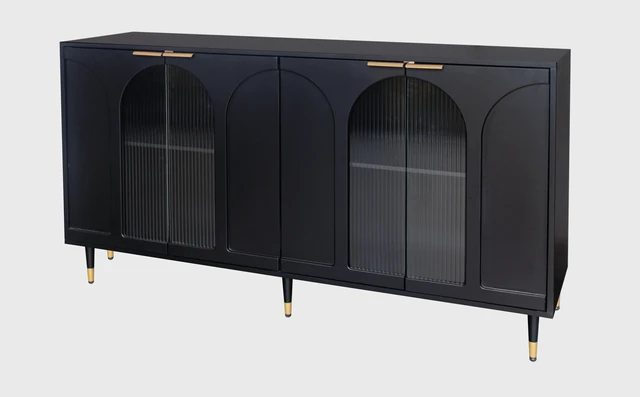 Alt view image 6 of 7 - Accent Cabinet Black Lacquered Wooden Cabinet with 4 Glass Doors Sideboard Buffet Server Cabinet Storage Cabinet, for Living Room, Entryway, Hallway, Office, Kitchen and Dining Room